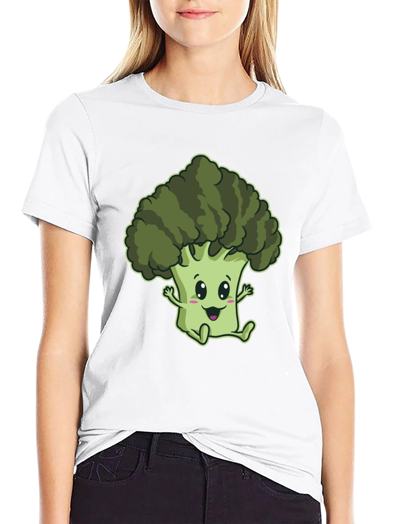 Cute Broccoli Cartoon Graphic Black T-Shirt