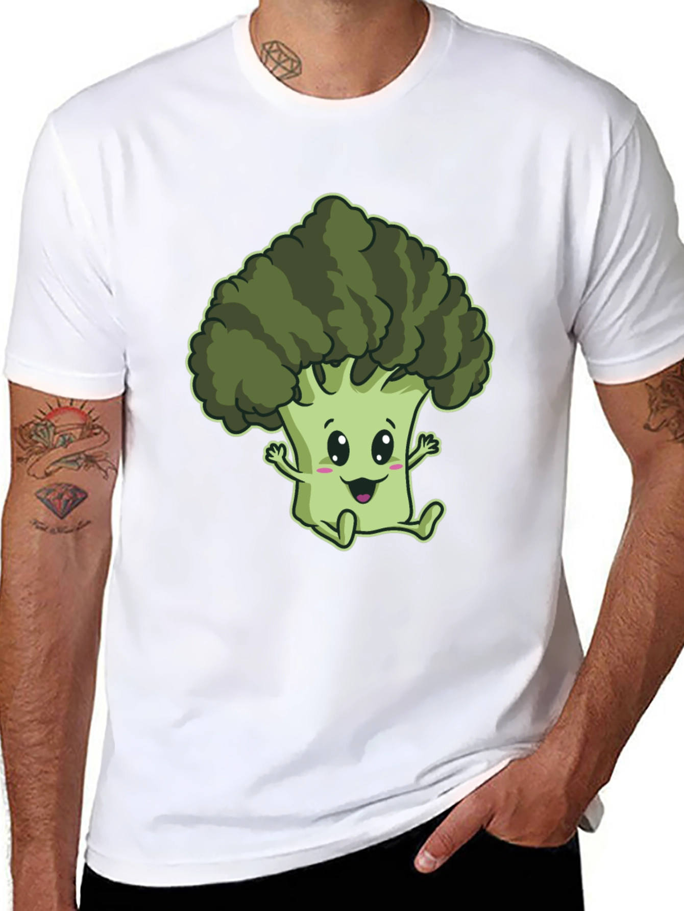 Cute Broccoli Cartoon Graphic Black T-Shirt