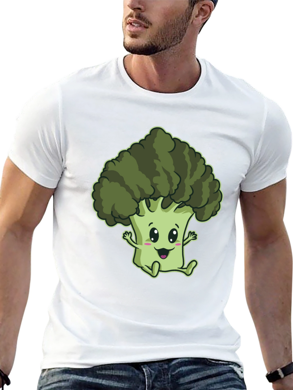 Cute Broccoli Cartoon Graphic Black T-Shirt