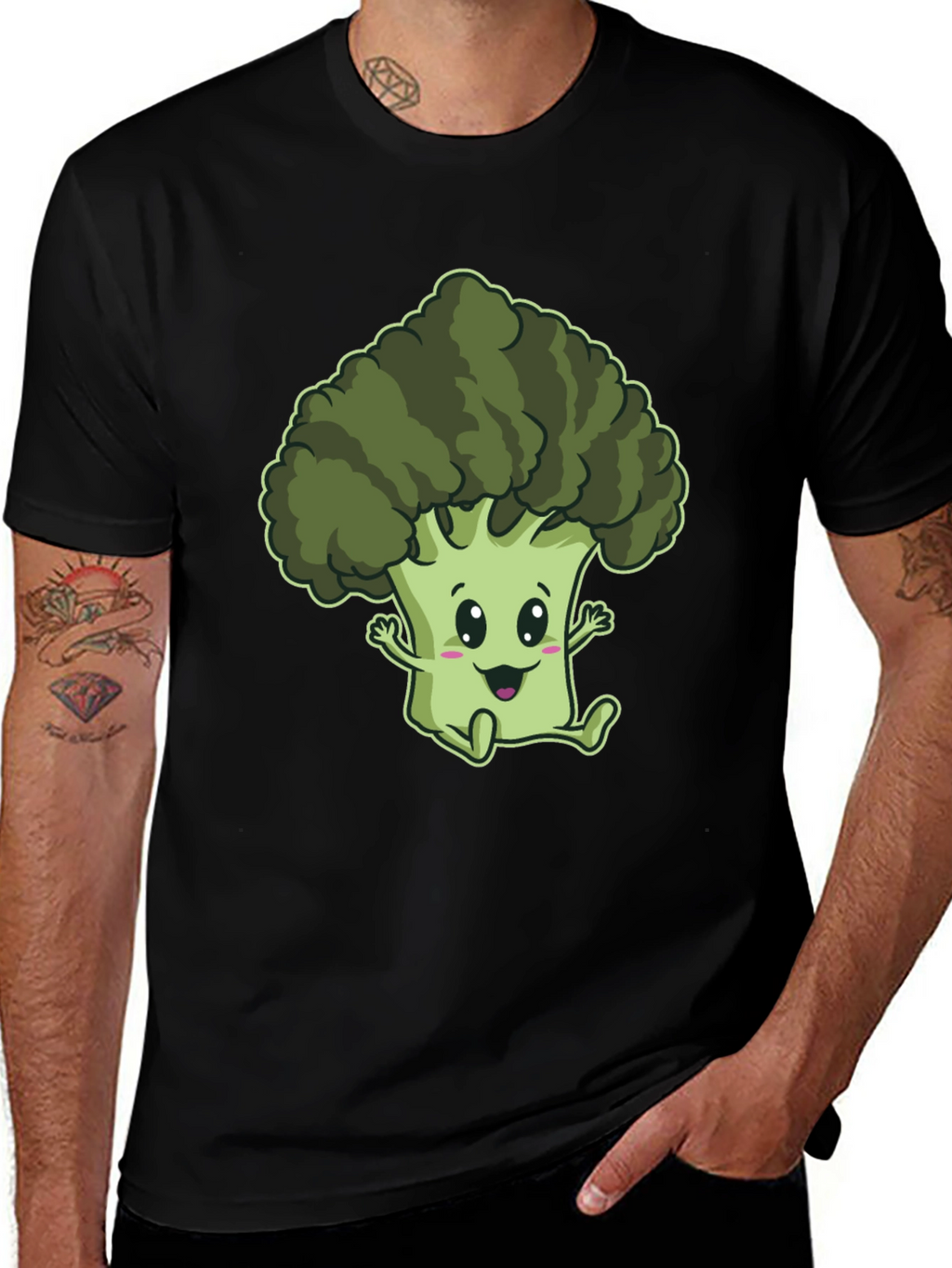 Cute Broccoli Cartoon Graphic Black T-Shirt