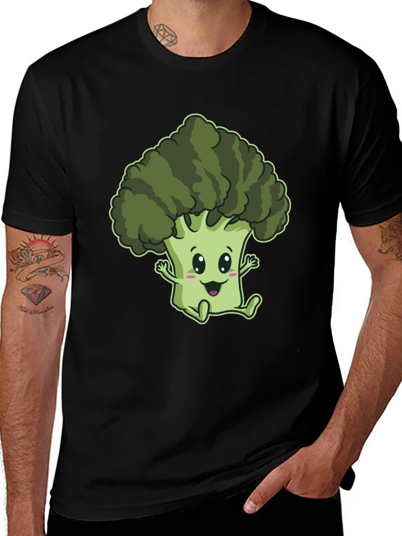 Cute Broccoli Cartoon Graphic Black T-Shirt