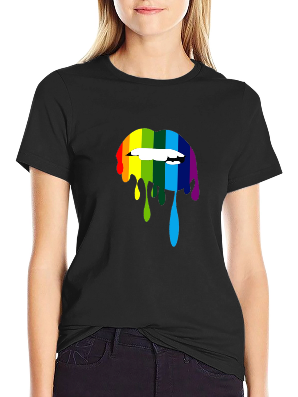 Rainbow Lips Graphic Print Black T-Shirt