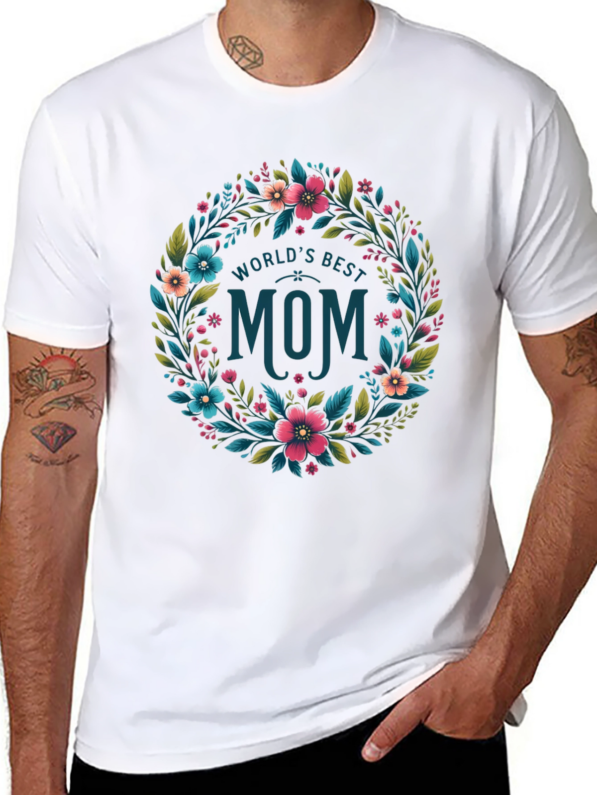 Worlds Best Mom Floral Wreath T-Shirt - Black