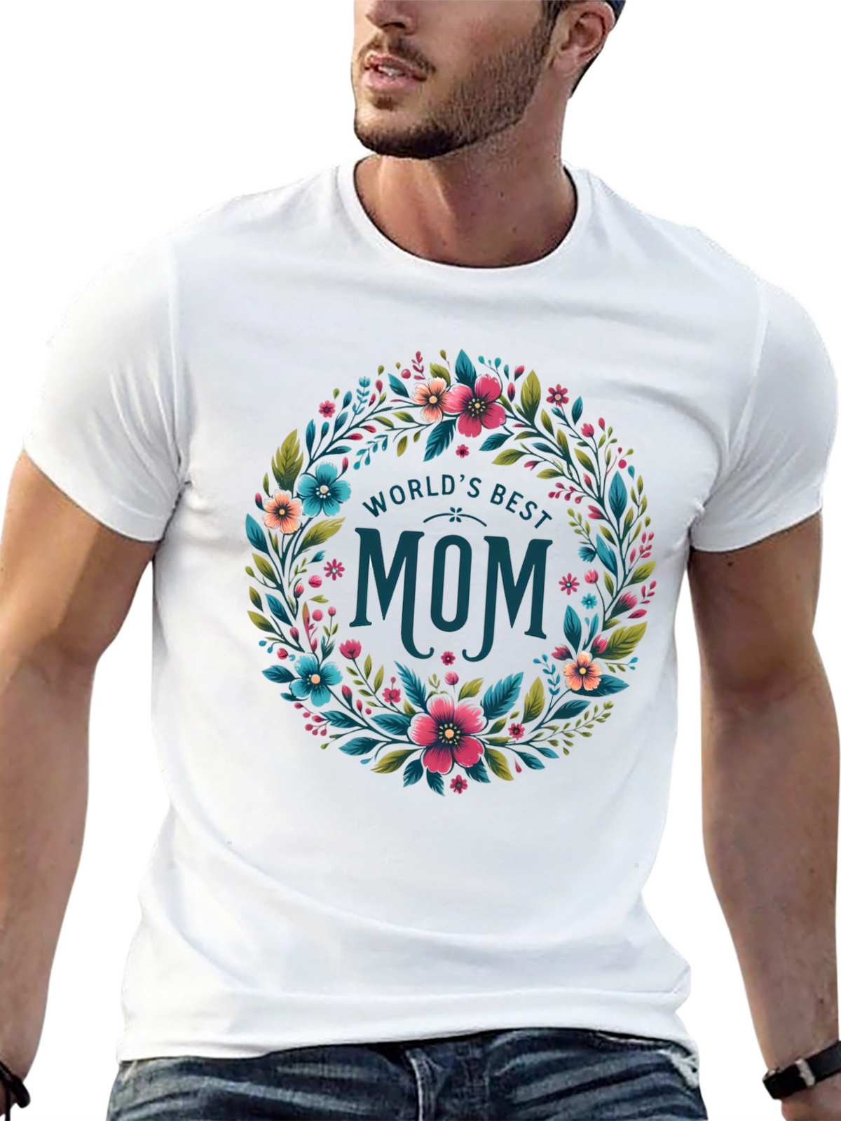 Worlds Best Mom Floral Wreath T-Shirt - Black