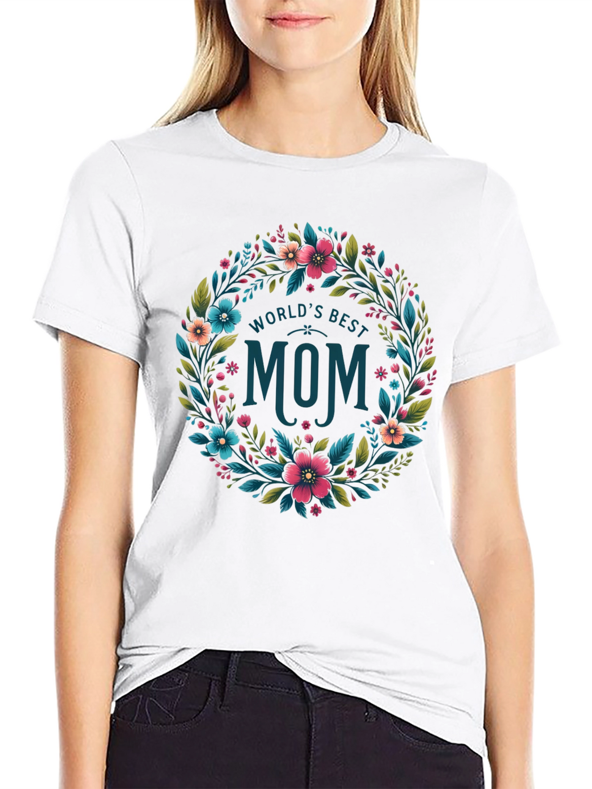 Worlds Best Mom Floral Wreath T-Shirt - Black