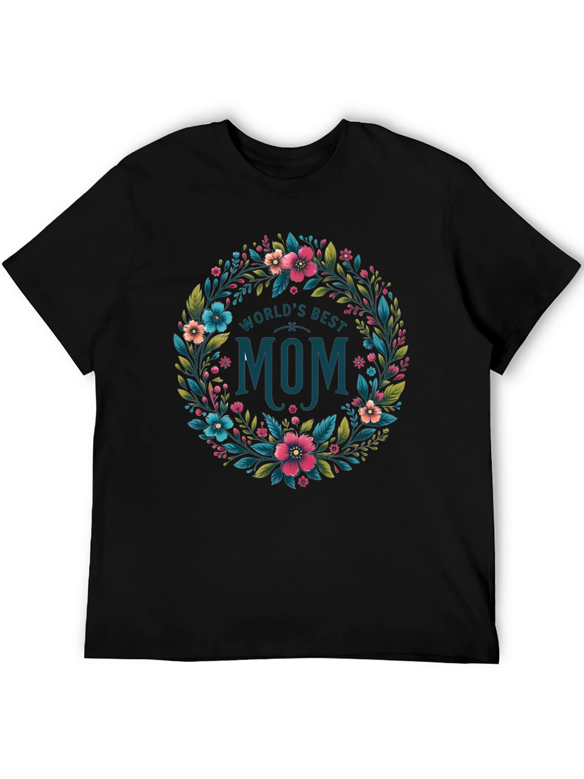 Worlds Best Mom Floral Wreath T-Shirt - Black