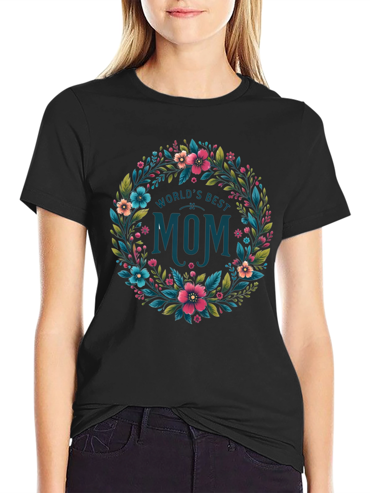 Worlds Best Mom Floral Wreath T-Shirt - Black