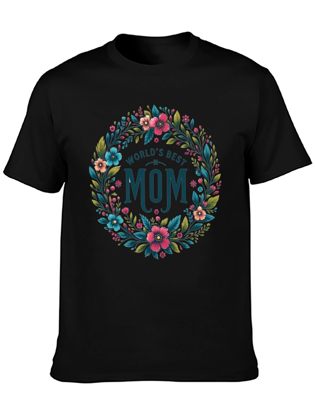 Worlds Best Mom Floral Wreath T-Shirt - Black