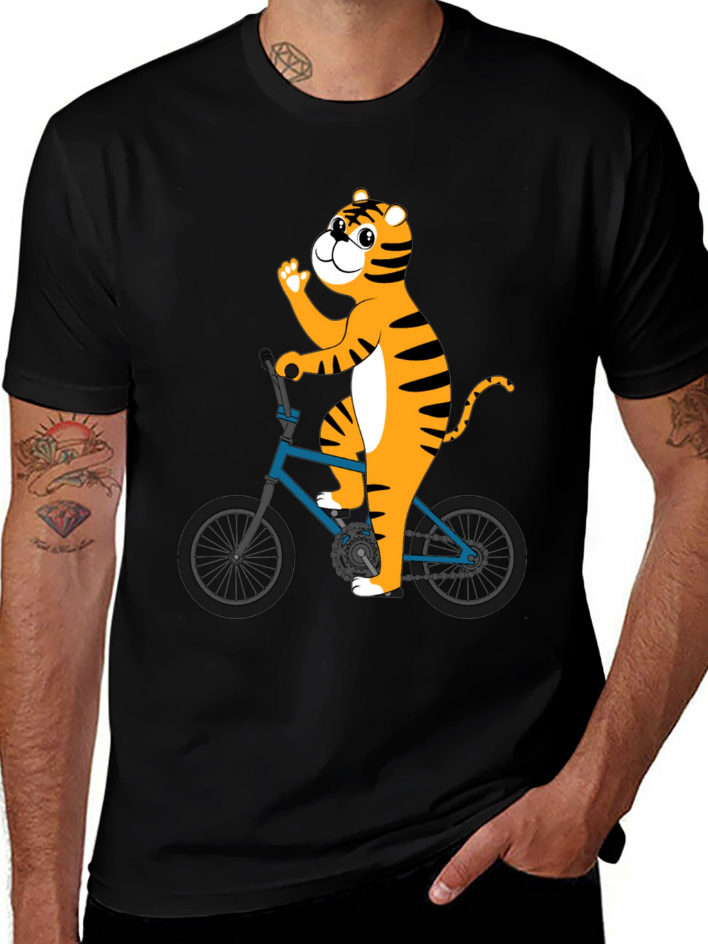 Tiger Riding Bike Graphic T-Shirt - Black