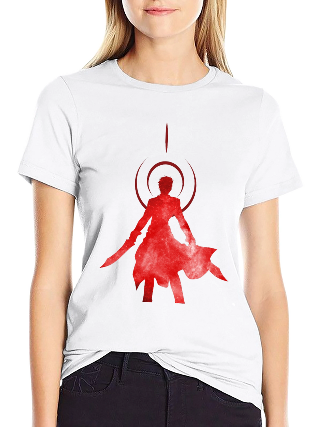 Red Anime Silhouette Black T-Shirt