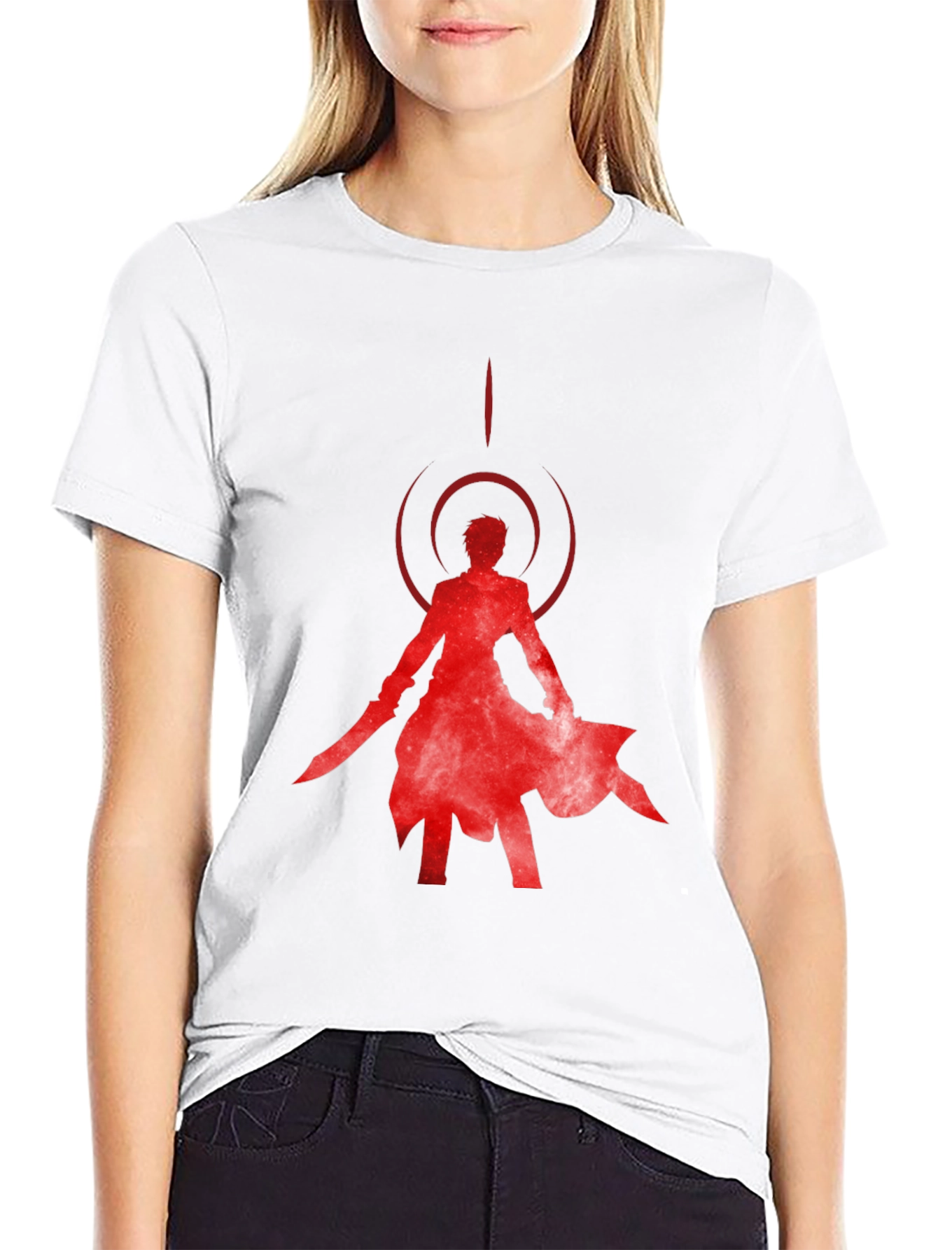 Red Anime Silhouette Black T-Shirt