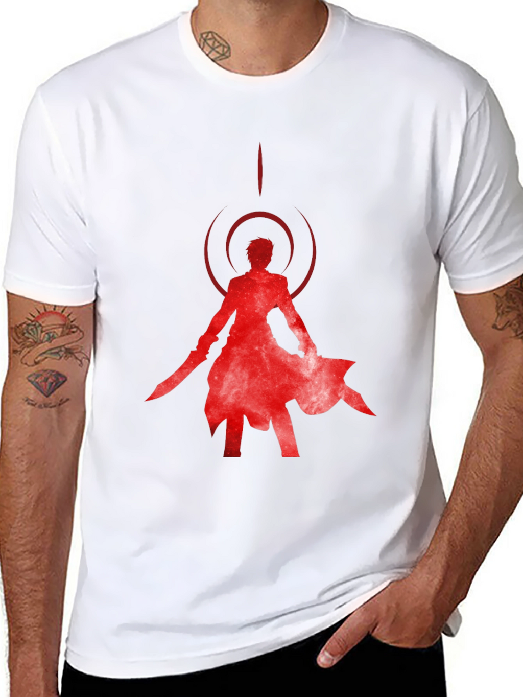 Red Anime Silhouette Black T-Shirt