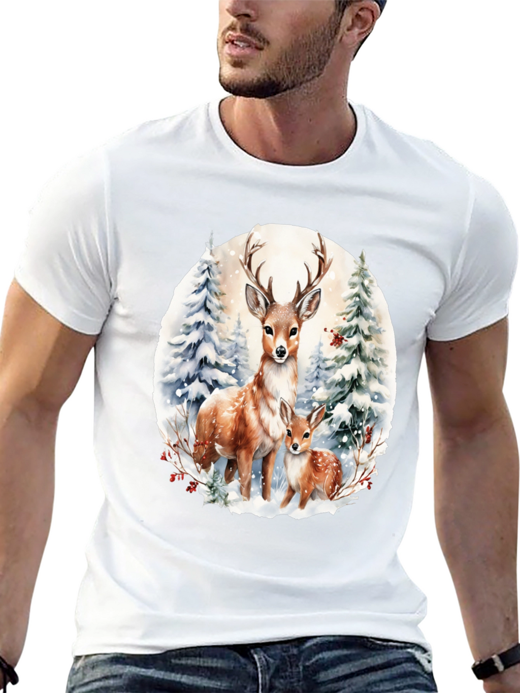 Deer Family Winter Scene Graphic Tee