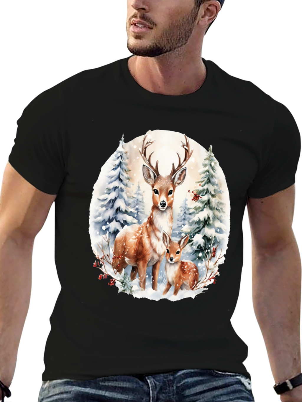 Deer Family Winter Scene Graphic Tee
