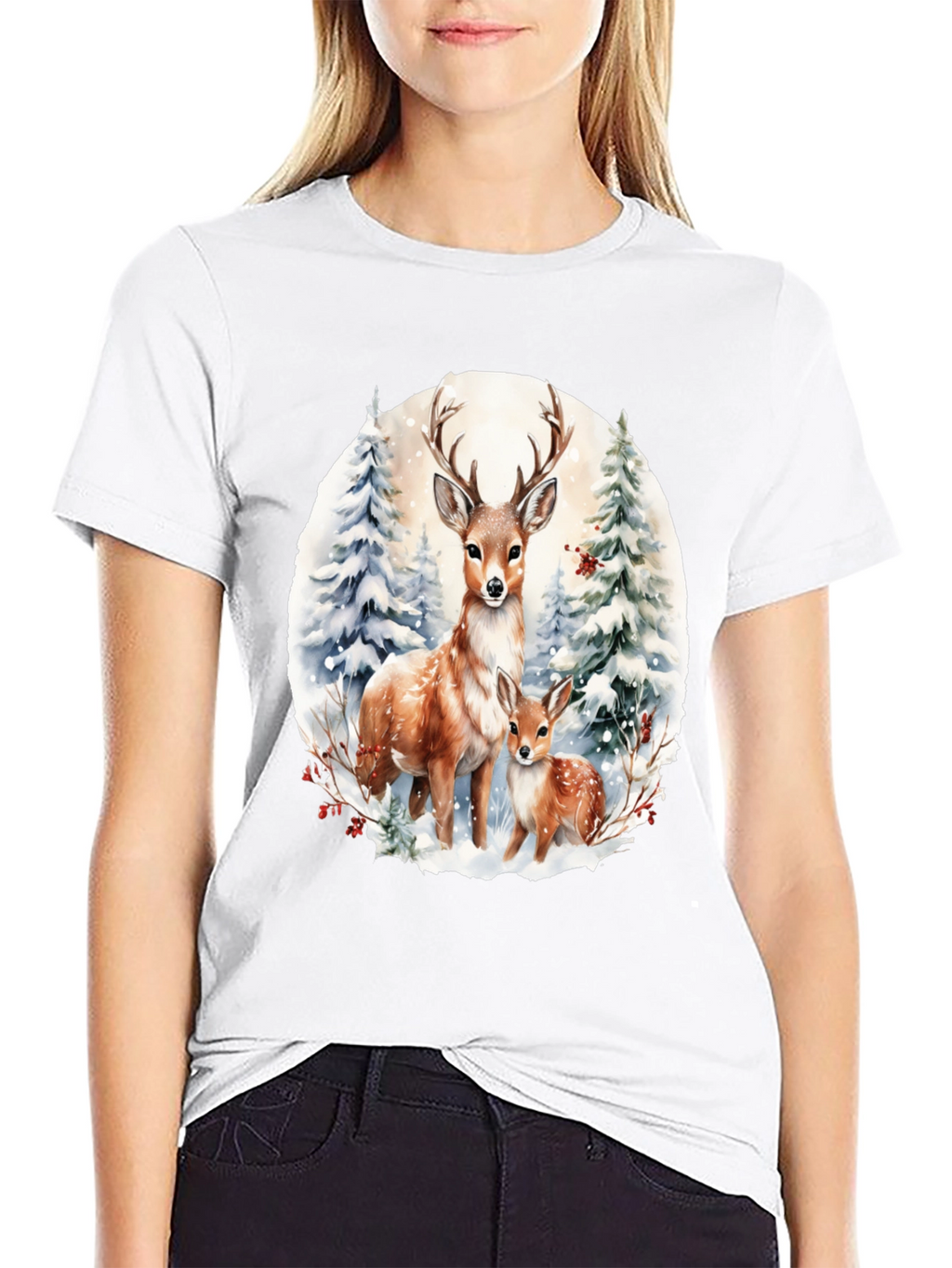 Deer Family Winter Scene Graphic Tee