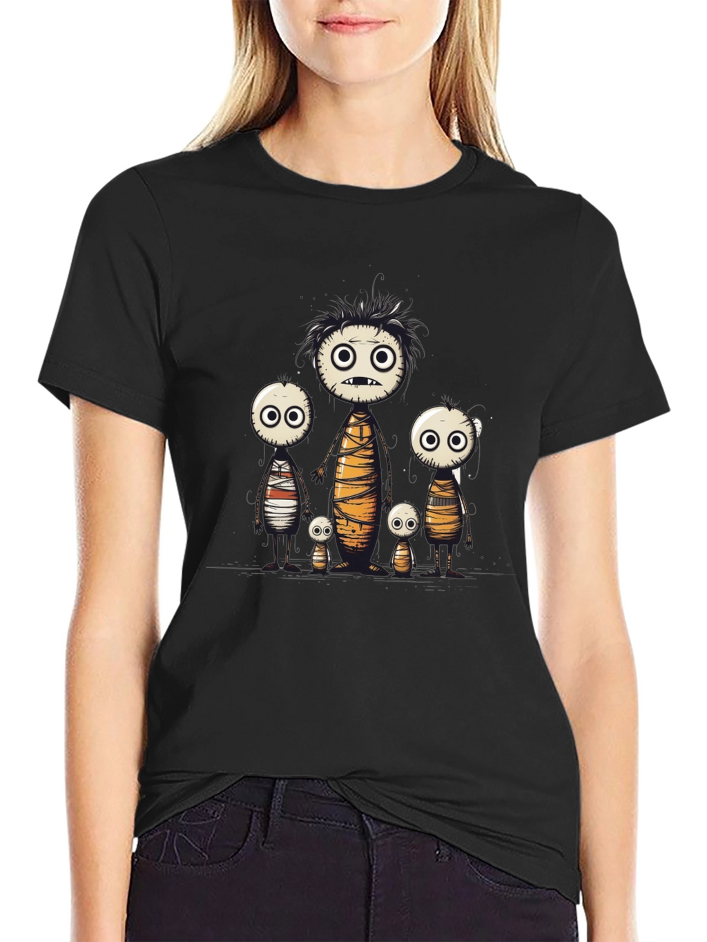 Cartoon Mummy Family Black T-Shirt