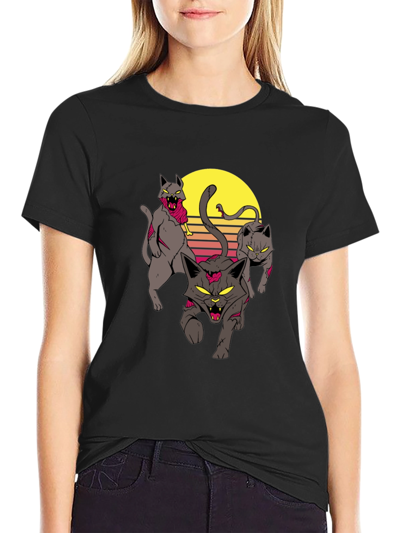 Zombie Cats Graphic Tee - Black Cotton T-Shirt