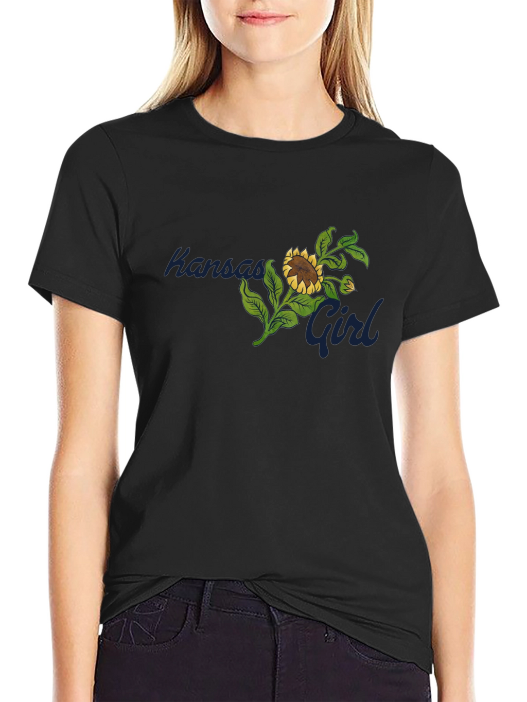 Kansas Girl Sunflower Graphic Black T-Shirt