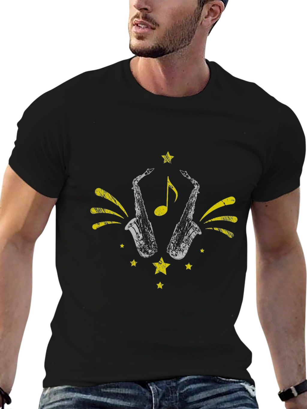Stylish Black Saxophone Graphic Tee