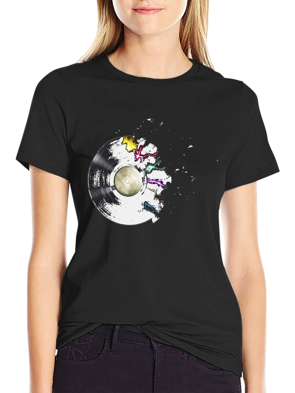 Vinyl Record Explosion T-Shirt - Classic Black Tee