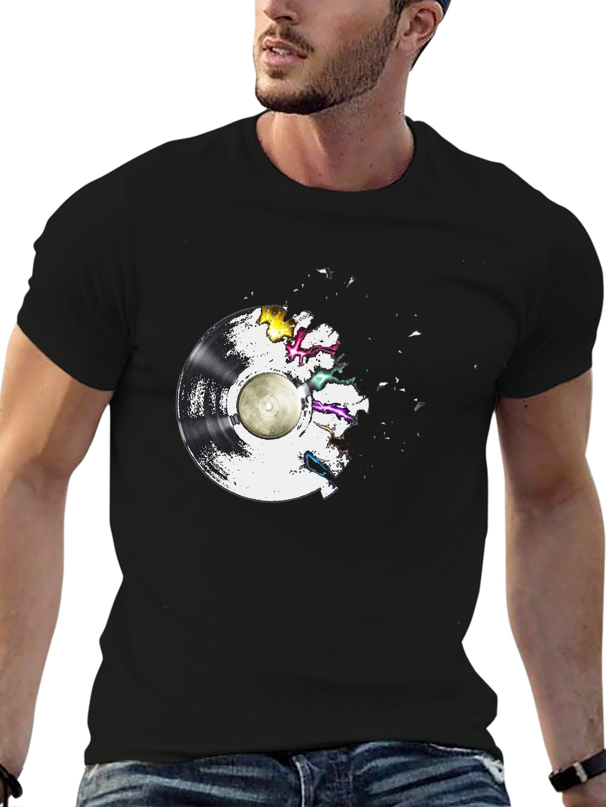 Vinyl Record Explosion T-Shirt - Classic Black Tee