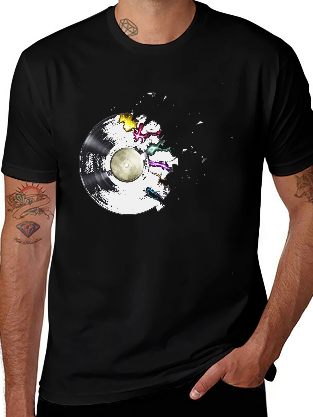 Vinyl Record Explosion T-Shirt - Classic Black Tee