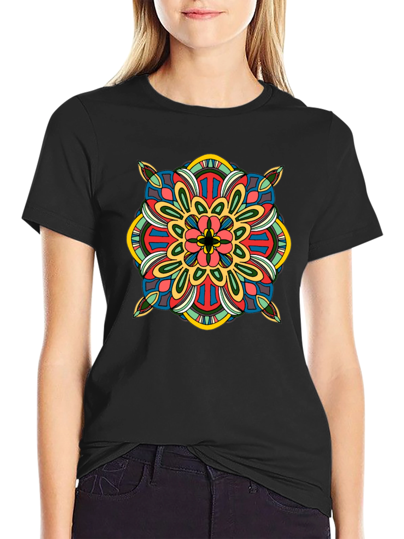 Black T-Shirt with Colorful Mandala Design