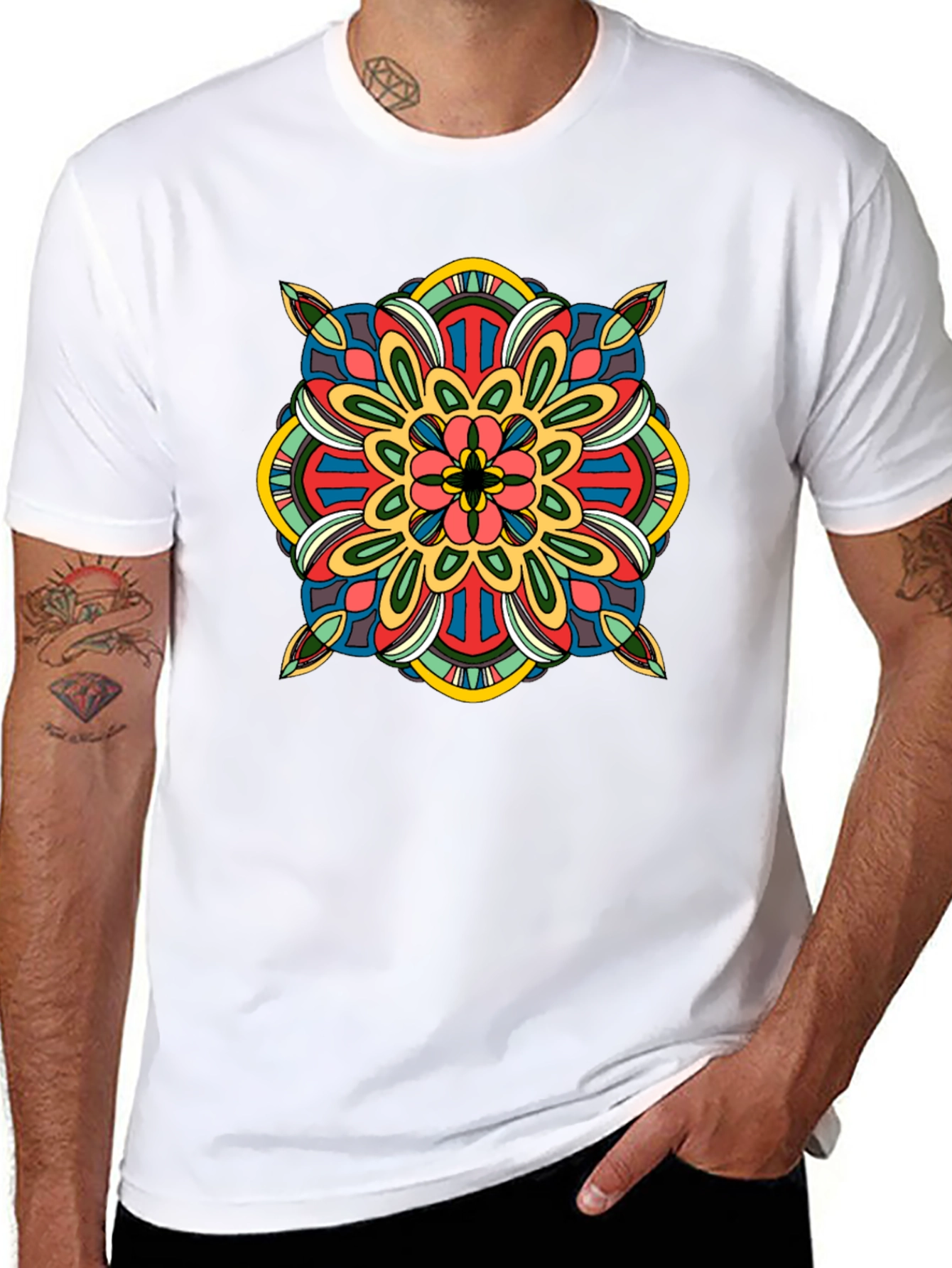 Black T-Shirt with Colorful Mandala Design