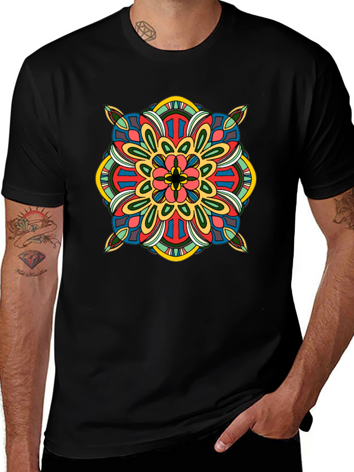 Black T-Shirt with Colorful Mandala Design
