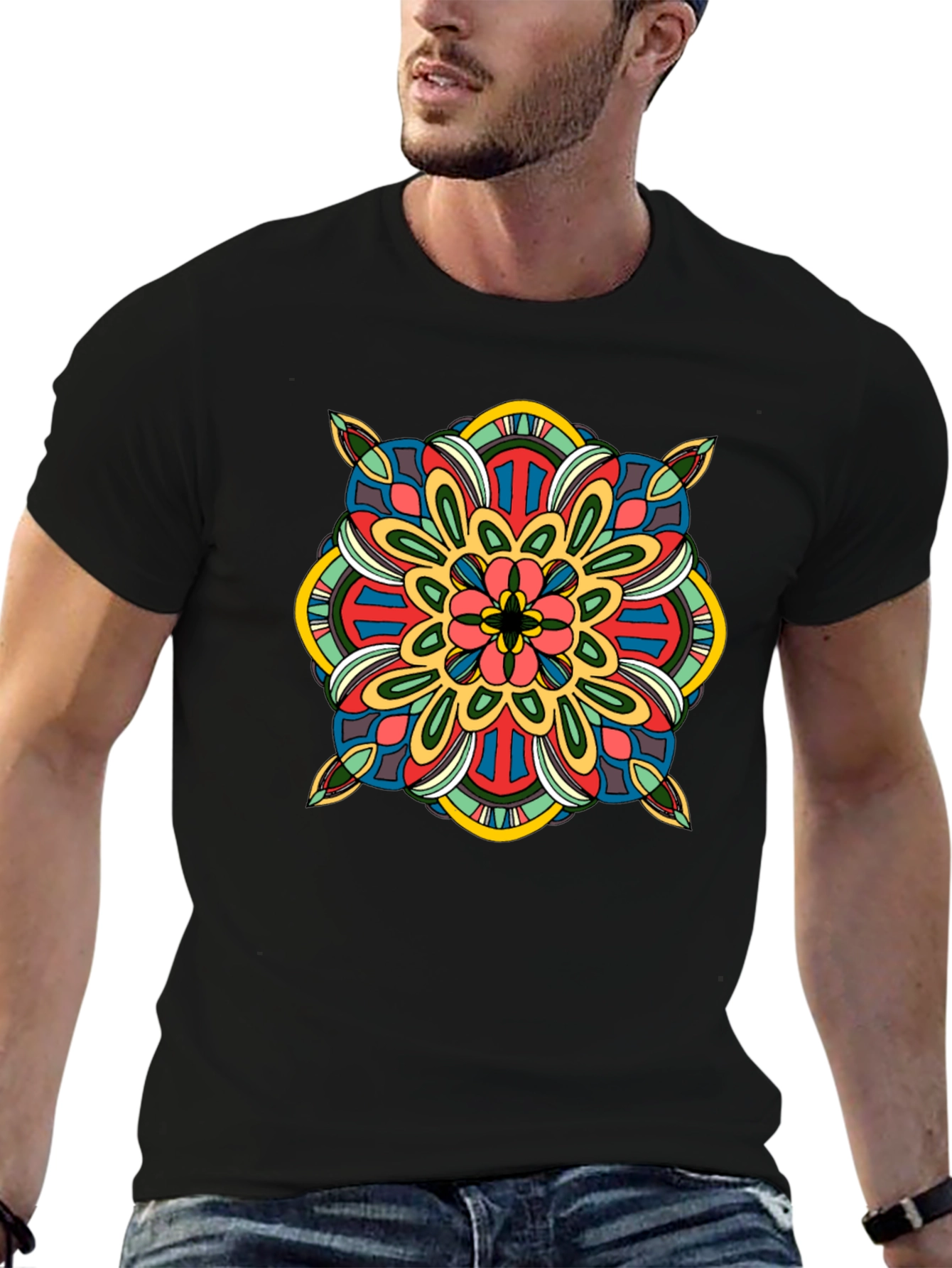 Black T-Shirt with Colorful Mandala Design
