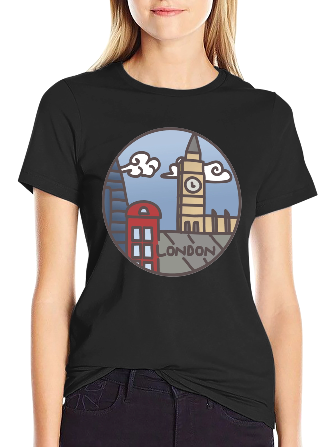London Skyline Graphic Tee - Black Cotton T-Shirt
