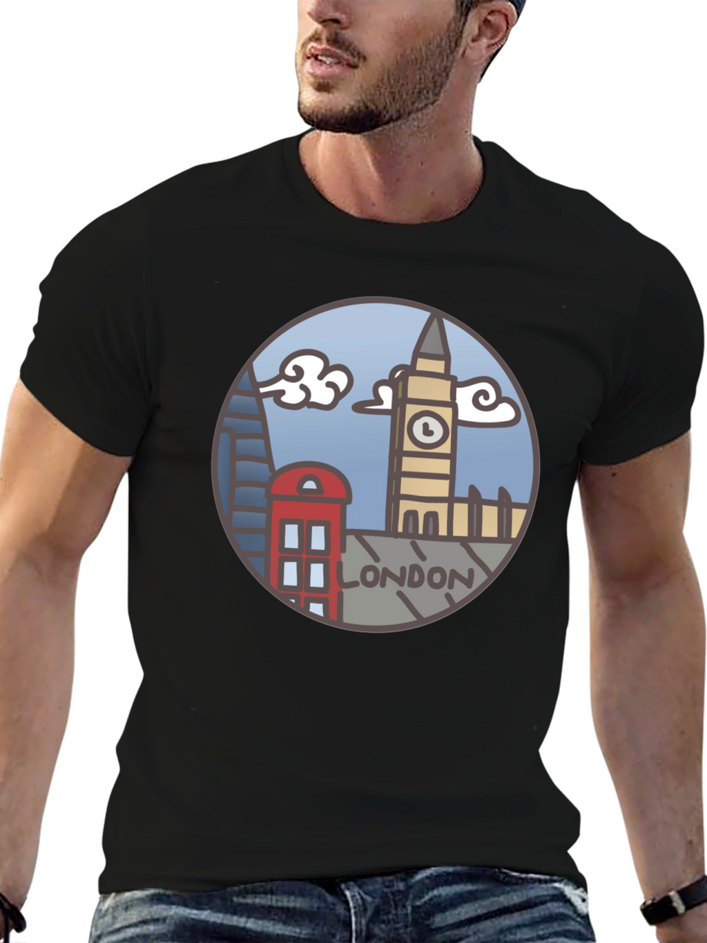 London Skyline Graphic Tee - Black Cotton T-Shirt