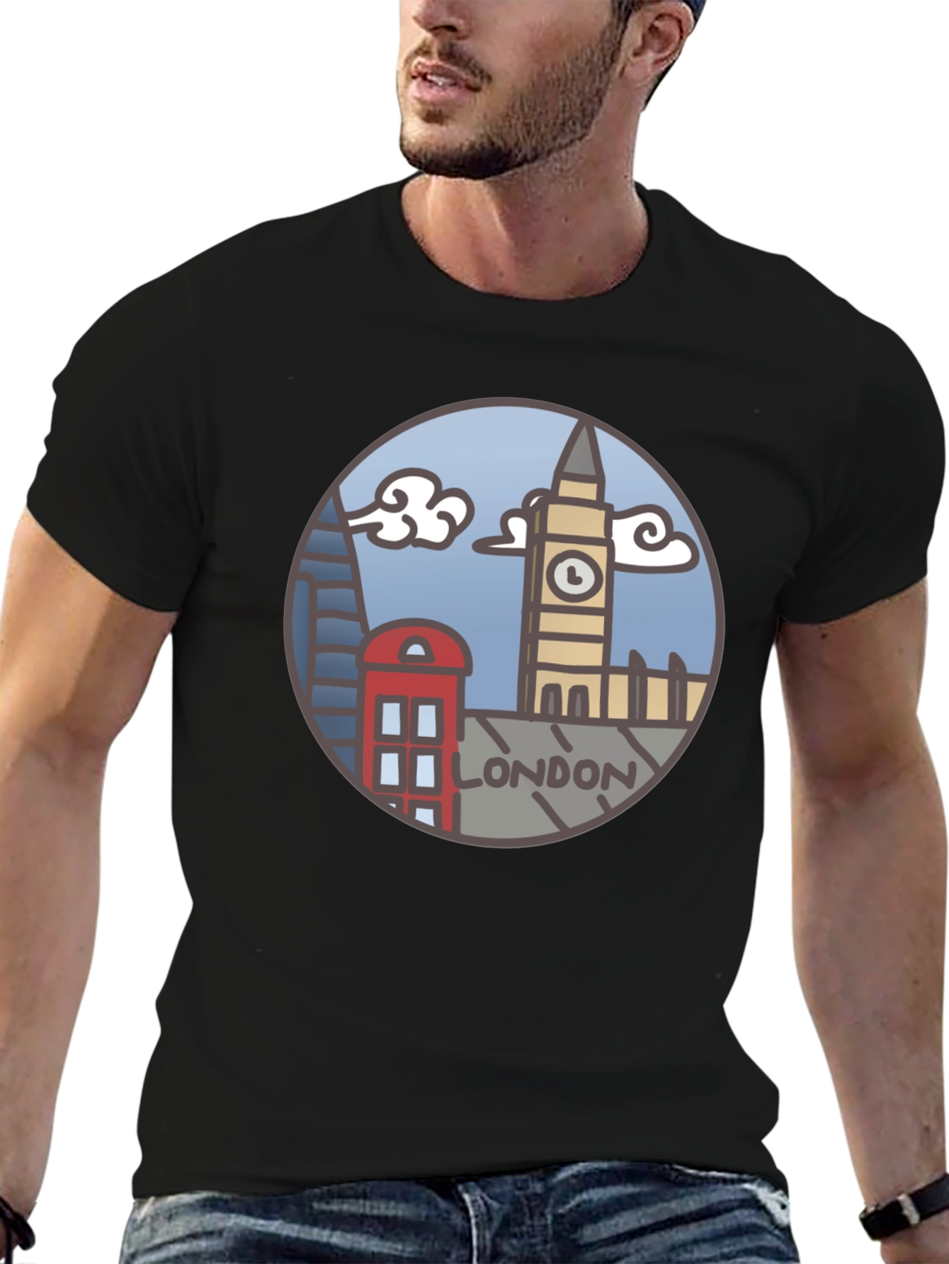 London Skyline Graphic Tee - Black Cotton T-Shirt