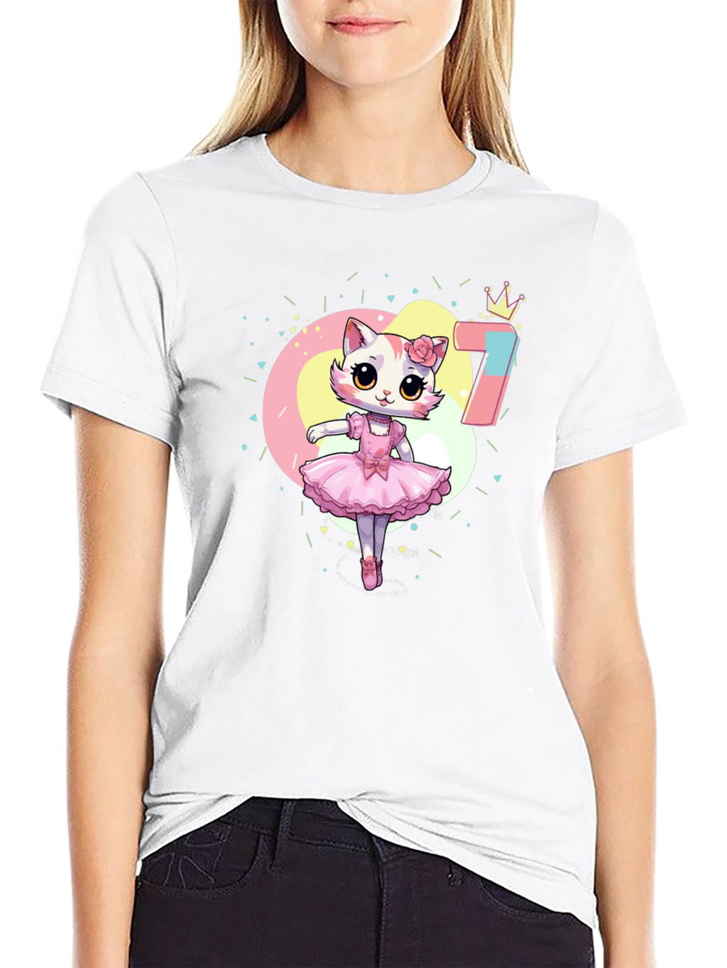 Cute Ballerina Cat 7th Birthday Black T-Shirt