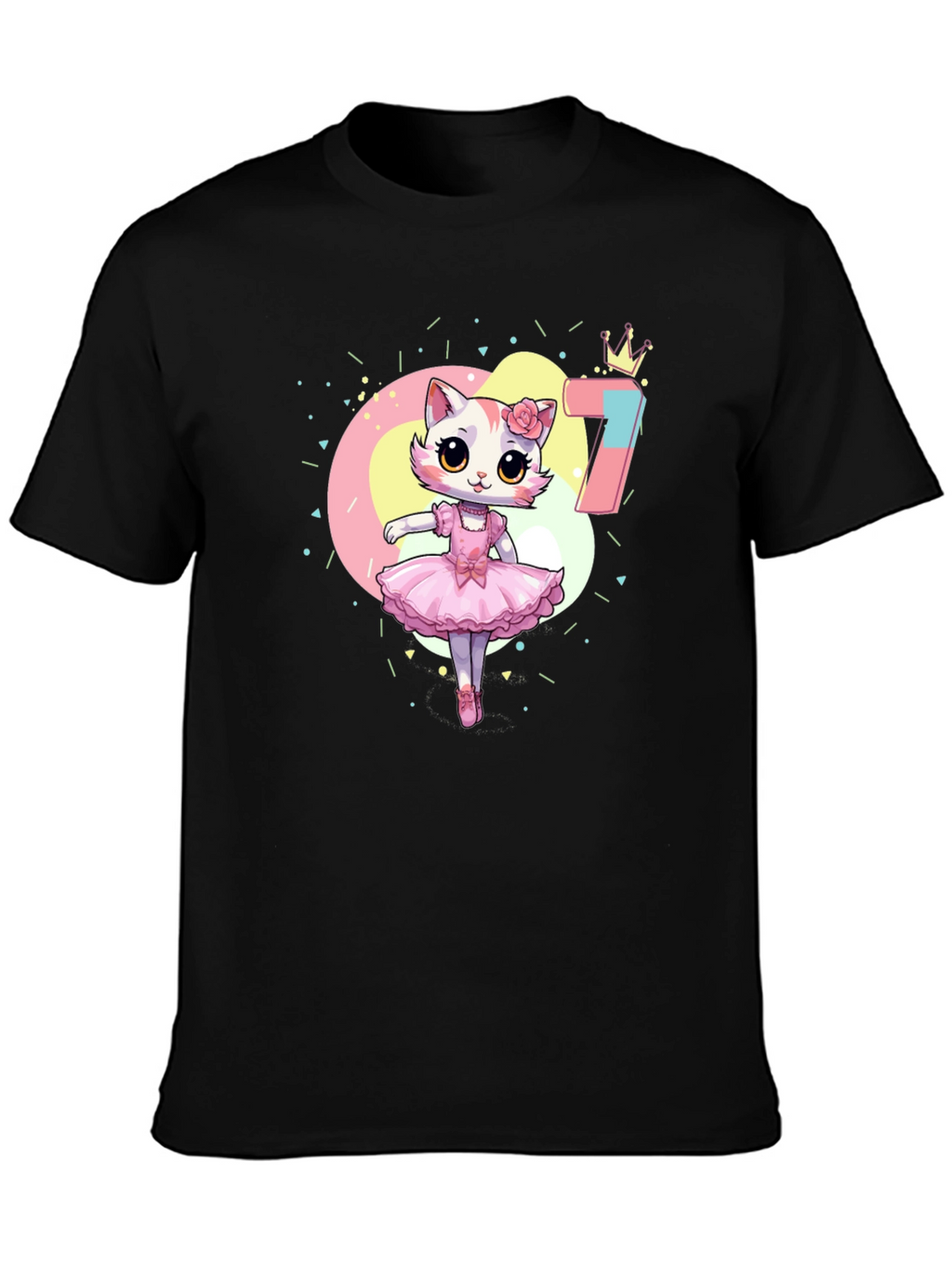 Cute Ballerina Cat 7th Birthday Black T-Shirt