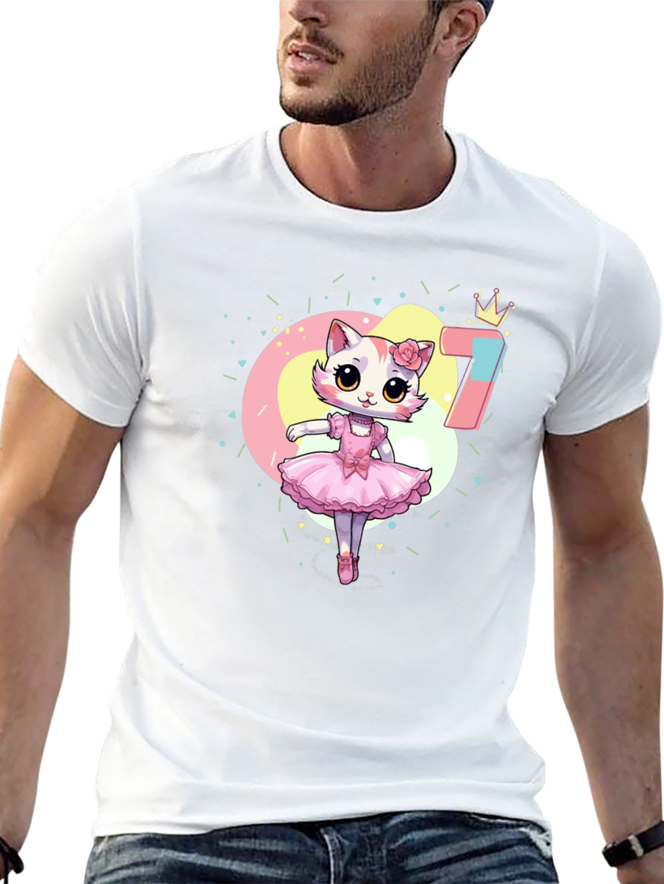 Cute Ballerina Cat 7th Birthday Black T-Shirt