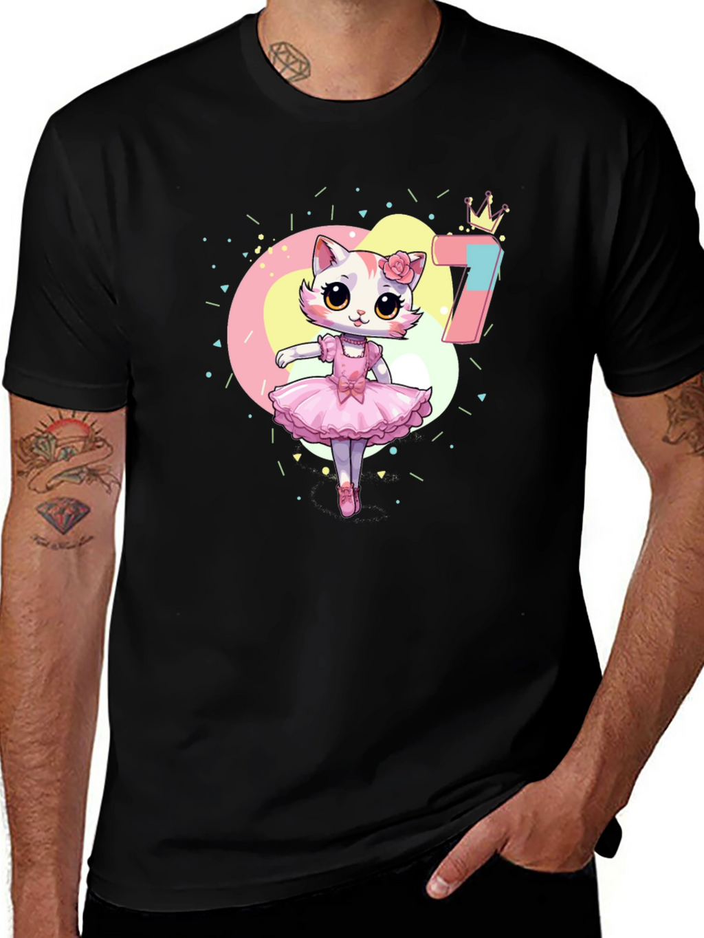 Cute Ballerina Cat 7th Birthday Black T-Shirt