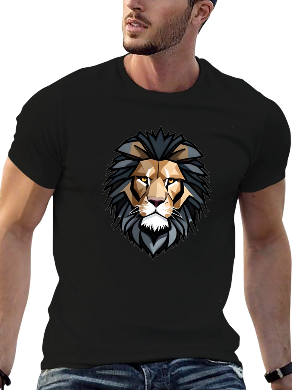 Geometric Lion Head Graphic Black T-Shirt