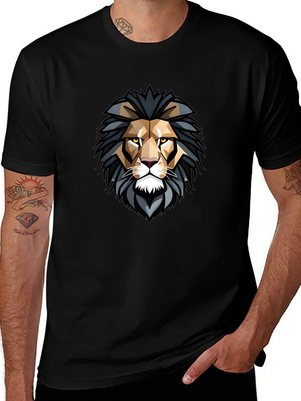 Geometric Lion Head Graphic Black T-Shirt