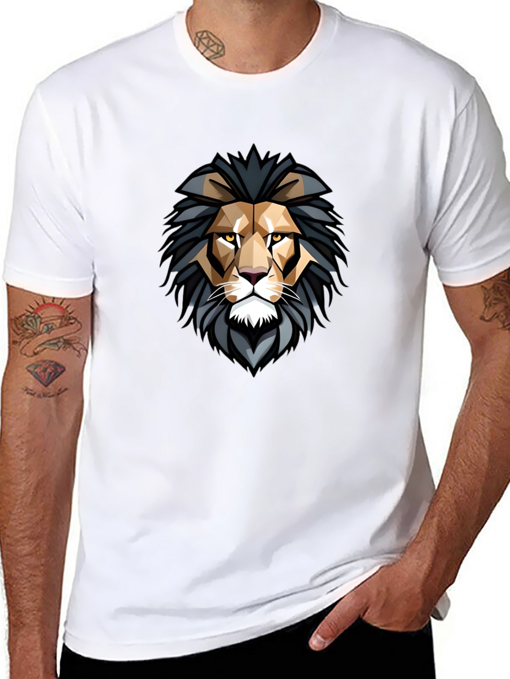 Geometric Lion Head Graphic Black T-Shirt