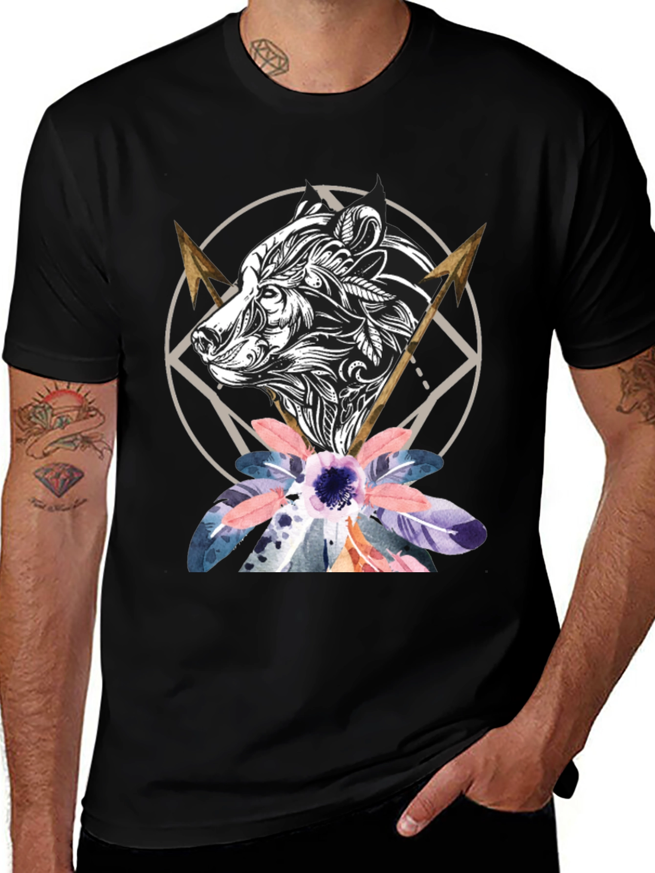 Bear & Arrows Graphic Tee - Stylish Mens Black T-Shirt