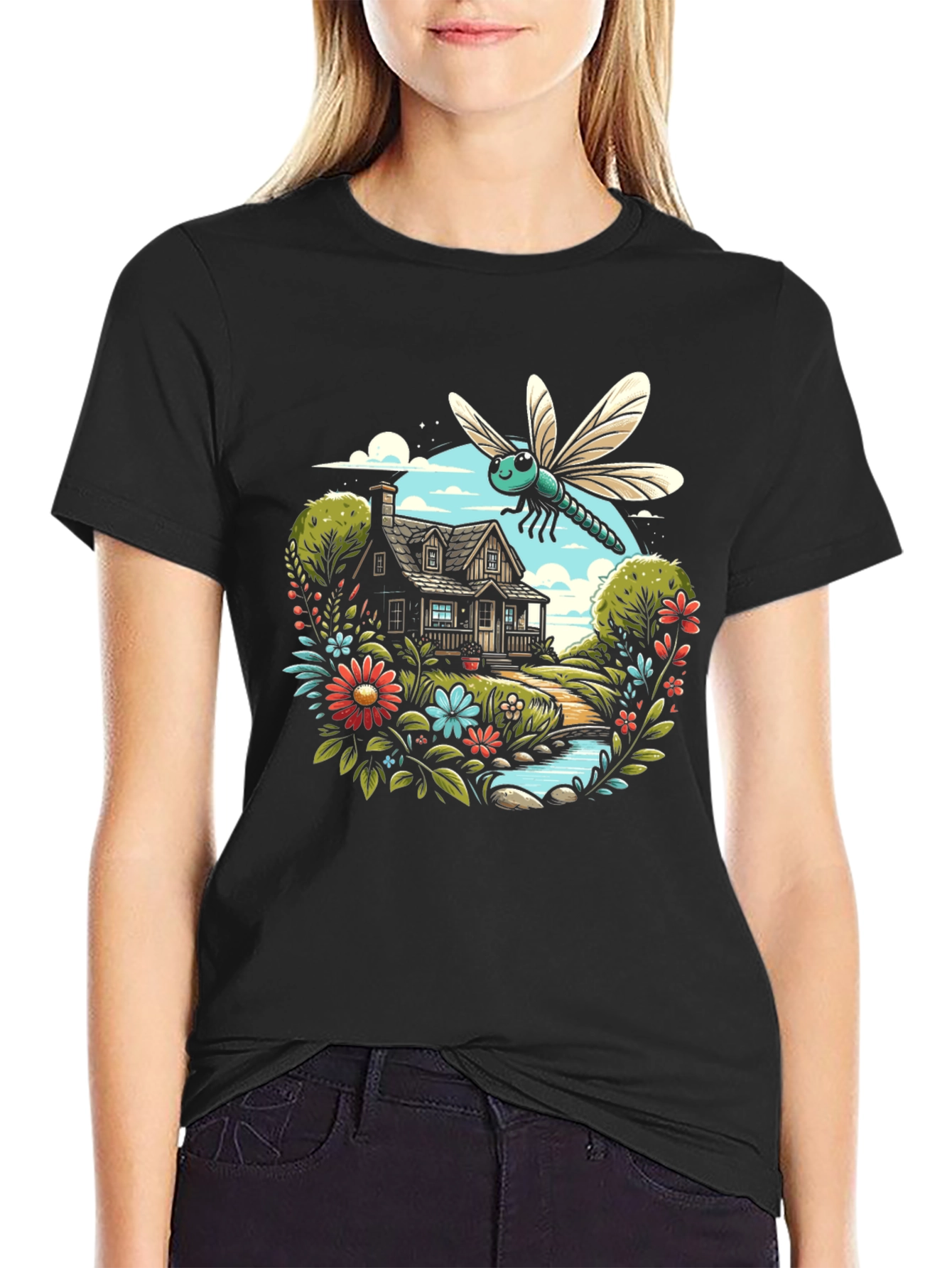 Nature Dragonfly Graphic Black Tee