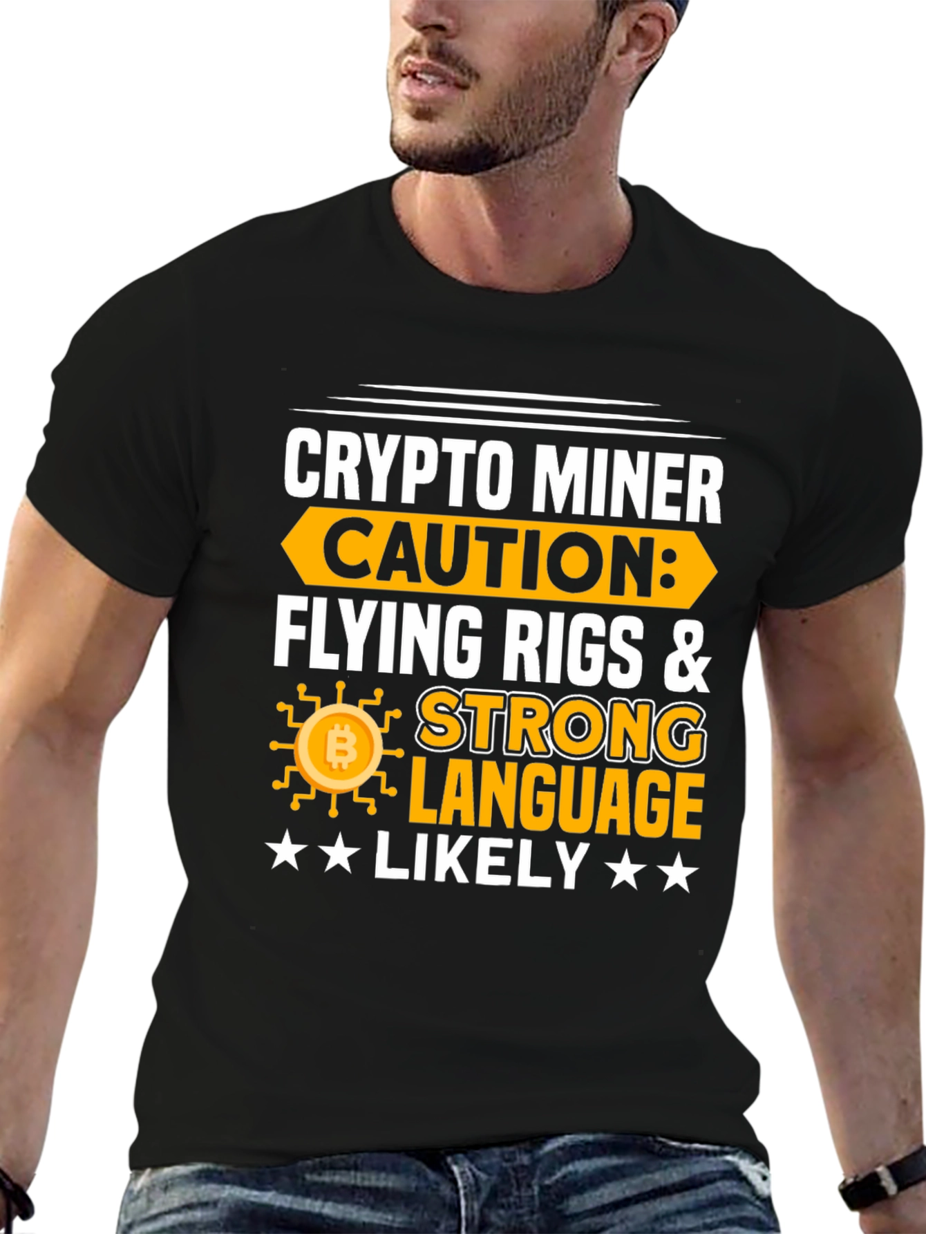 Crypto Miner Caution T-Shirt - Flying Rigs & Strong Language