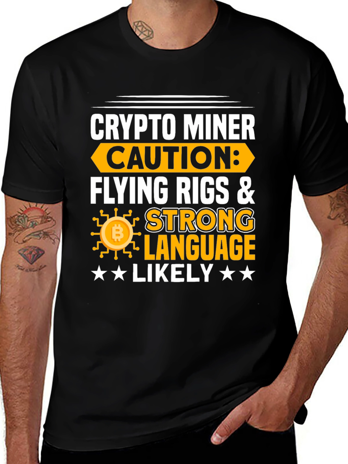 Crypto Miner Caution T-Shirt - Flying Rigs & Strong Language
