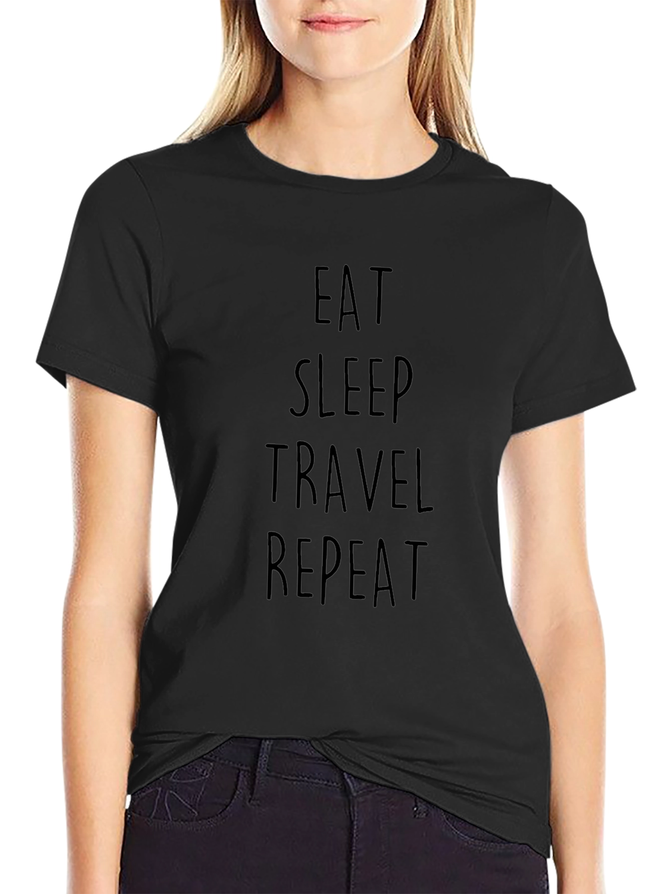 Eat Sleep Travel Repeat Graphic Tee - Casual Black T-Shirt
