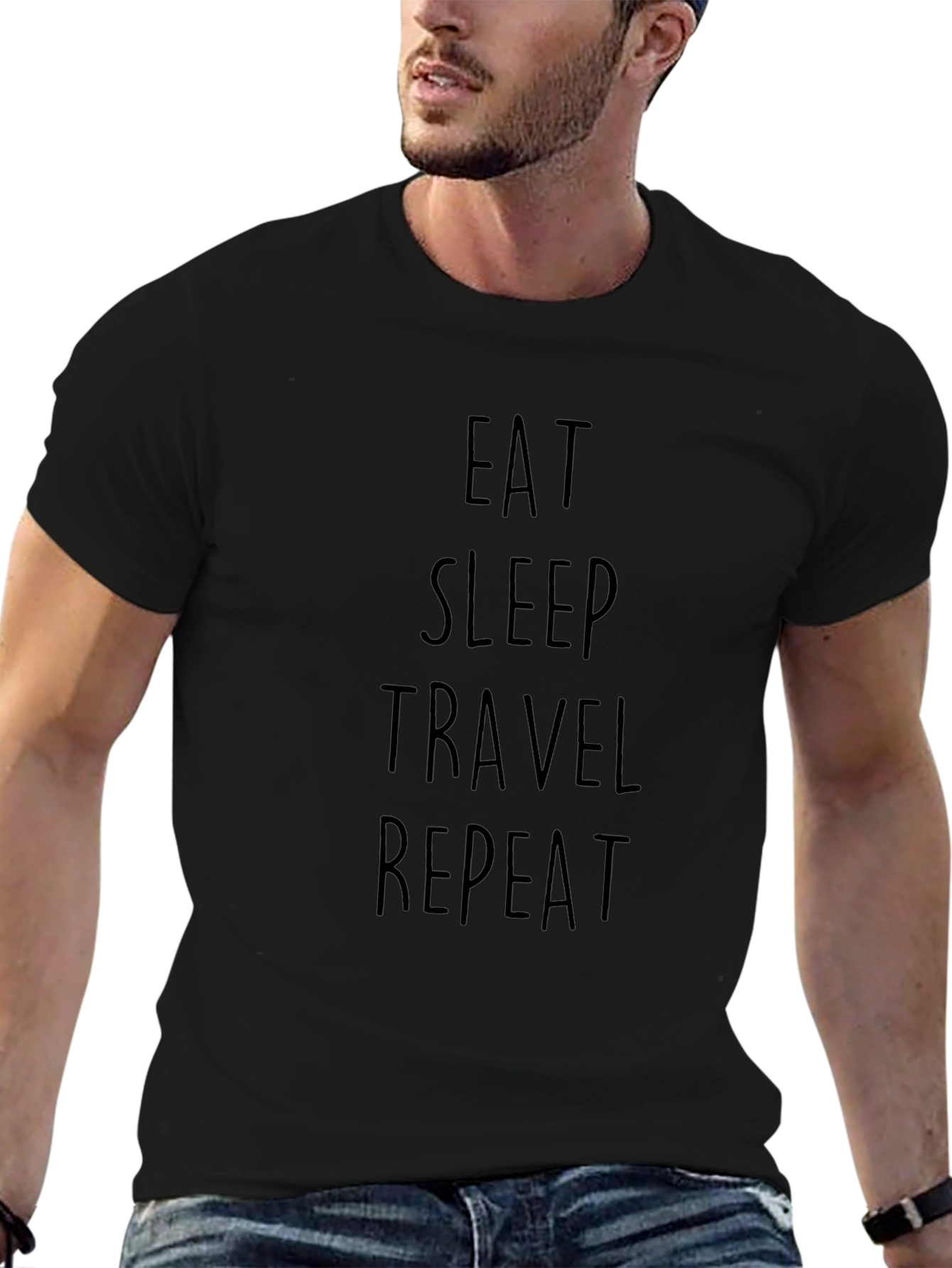 Eat Sleep Travel Repeat Graphic Tee - Casual Black T-Shirt