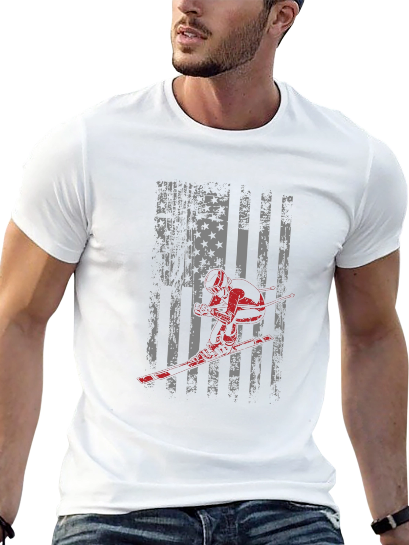 American Flag Skier Graphic Tee - Patriotic USA Pride Shirt