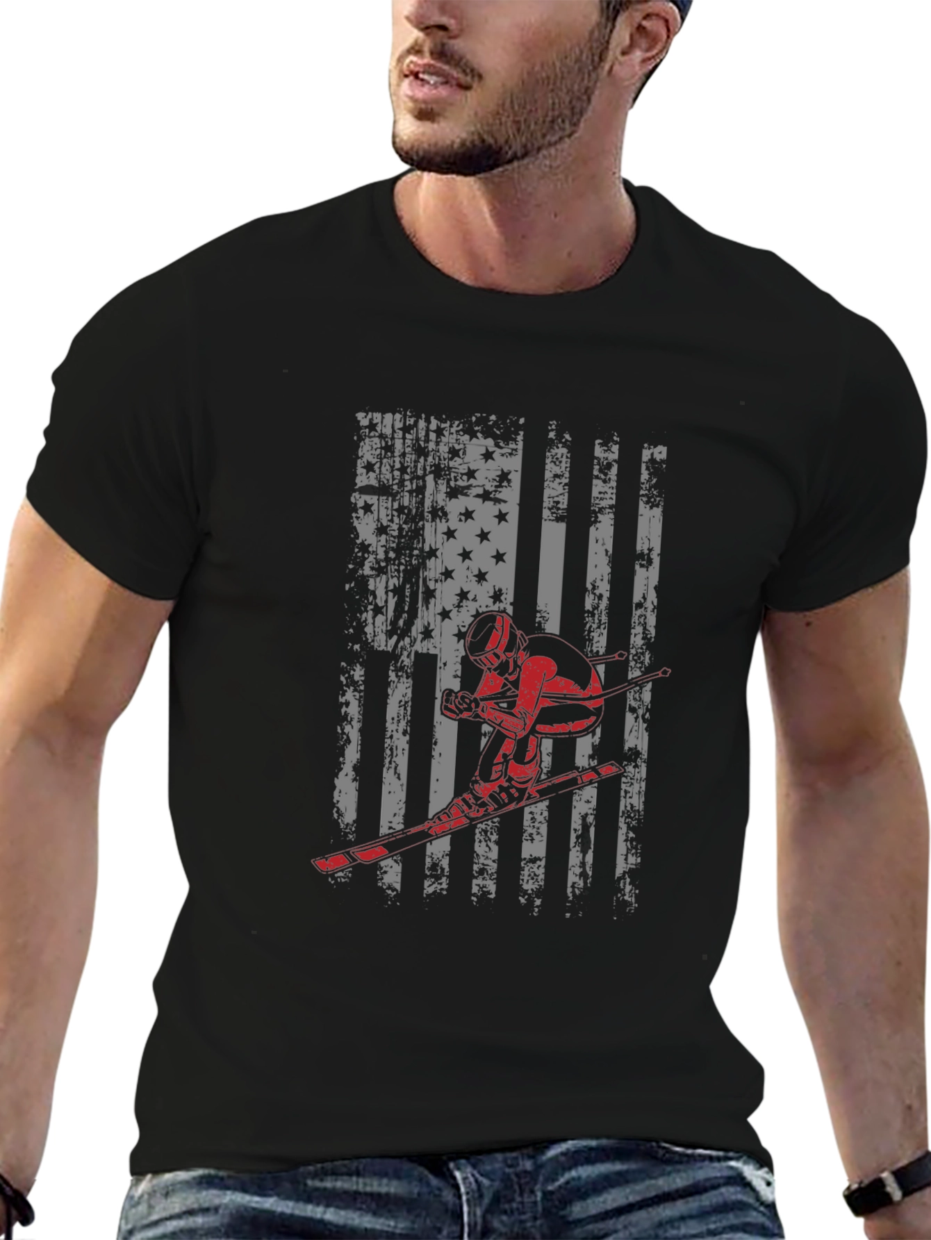 American Flag Skier Graphic Tee - Patriotic USA Pride Shirt