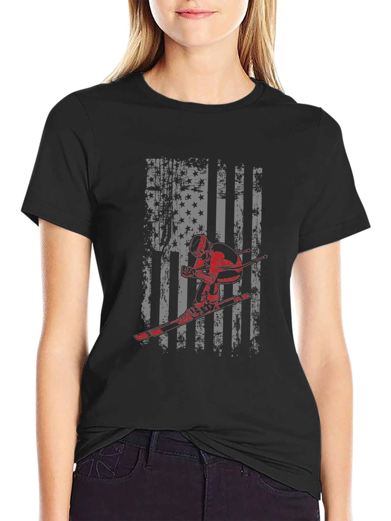 American Flag Skier Graphic Tee - Patriotic USA Pride Shirt