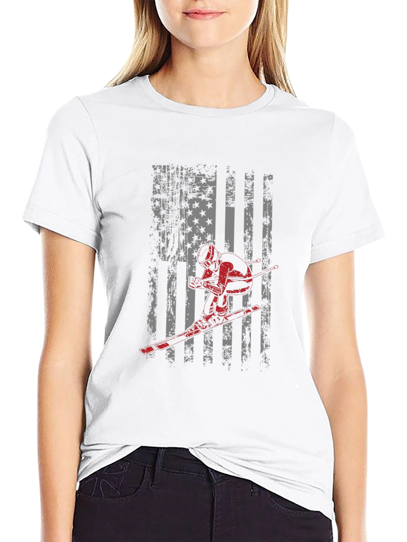 American Flag Skier Graphic Tee - Patriotic USA Pride Shirt